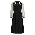 Black Long Sleeve Dress With White Striped Collar Cream Sleeves And Front Buttons