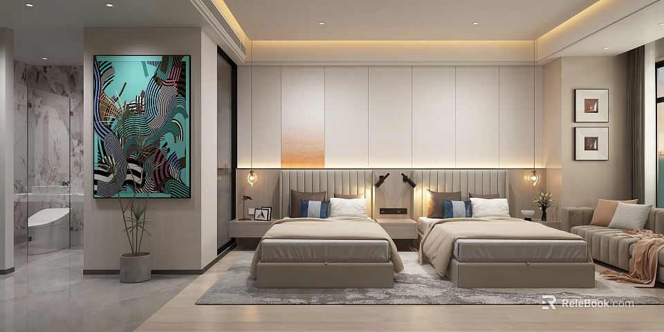 Modern Minimalist Hotel Room Interior With Twin Beds Decorative Painting Bedside Lamps And Carpet 3d model 