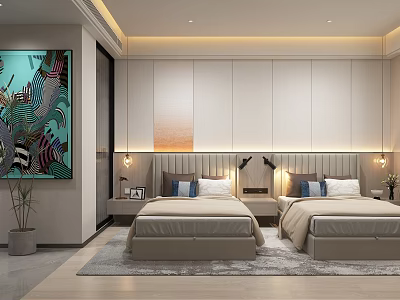 Modern Minimalist Hotel Room Interior With Twin Beds Decorative Painting Bedside Lamps And Carpet 3d model