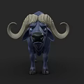 Blue 3D Cartoon Buffalo Character With Golden Mane And Large Horns