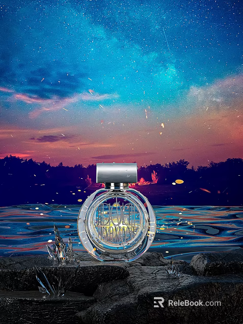 Luxury Perfume Bottle with Sparkling Lights Against Starry Sunset Sky and Water Reflection 3d model 