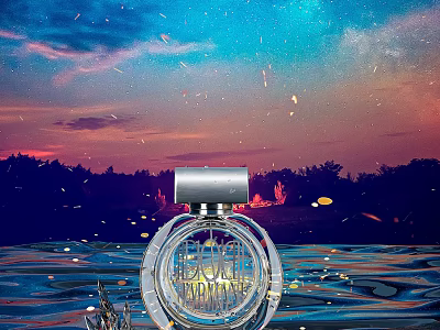 Luxury Perfume Bottle with Sparkling Lights Against Starry Sunset Sky and Water Reflection 3d model
