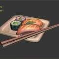 Fresh Sushi Platter With Salmon Slices Cucumber Rolls On Pink Plate And Chopsticks