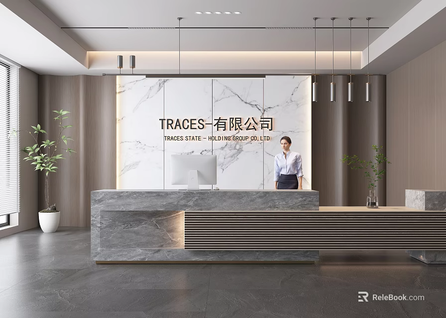Modern Reception Desk With Marble Backdrop Receptionist Green Plants And Company Logo 3d model 