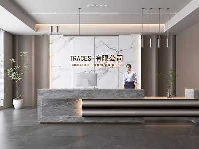 Modern Reception Desk With Marble Backdrop Receptionist Green Plants And Company Logo 3d model