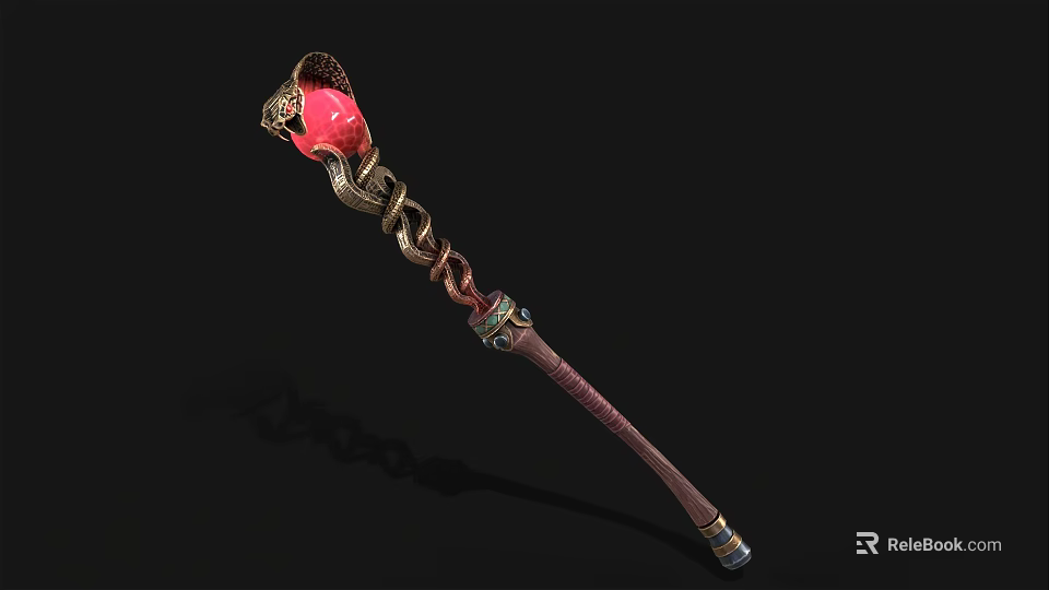 Elegant Enchanted Staff With Red Top Golden Decorations Chain Brown Shaft And Colored Accents 3d model 