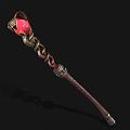 Elegant Enchanted Staff With Red Top Golden Decorations Chain Brown Shaft And Colored Accents