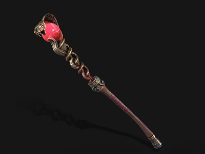 Elegant Enchanted Staff With Red Top Golden Decorations Chain Brown Shaft And Colored Accents 3d model
