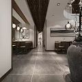 Modern Restaurant Interior Design With Bar Counter Wine Rack And Landscape Painting Backdrop