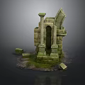 Ancient Weathered Stone Ruin Structure With Moss Covered Archway And Pillars