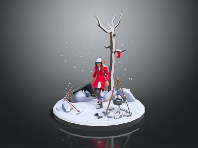Winter Snowy Scene With Red Coated Figure Snowy Tree Tripod Pot Stones And Falling Snowflakes 3d model