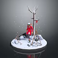 Winter Snowy Scene With Red Coated Figure Snowy Tree Tripod Pot Stones And Falling Snowflakes
