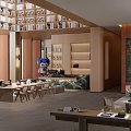 Spacious Sales Office Interior Featuring Large Windows Overlooking Green Trees And Wooden Furniture