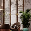 Chinese Modern Restaurant Interior With Round Pendant Light Marble Backdrop Brown Dining Chairs And Rug
