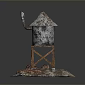 Rusted Water Tower With Wooden Support Structure Small Chimney And Weathered Base