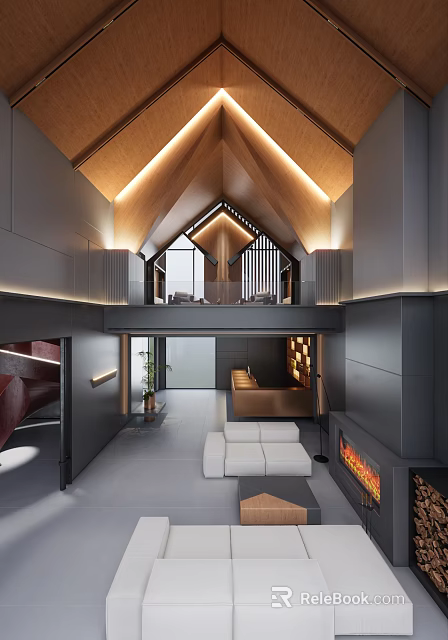 Hotel Lobby With High Wooden Ceiling Open Space White Sofa Fireplace And Reception Desk 3d model 