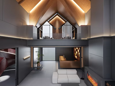 Hotel Lobby With High Wooden Ceiling Open Space White Sofa Fireplace And Reception Desk 3d model