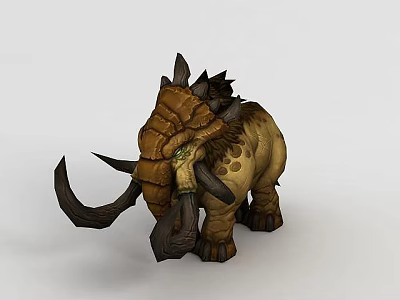 Tech Exhibition Hall Displaying 3D Mammoth Model with Spiked Horns Long Tusks and Textured Skin 3d model