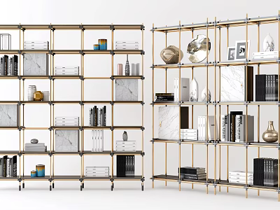Modern Multi Tier Open Storage Shelving With Gold Metal Frame Marble Panels And Decorative Items 3d model