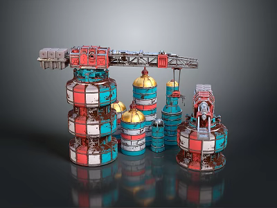 Futuristic Mechanical Structures Featuring Red Blue Gold Tower Like Cranes And Stacked Components 3d model