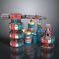 Futuristic Mechanical Structures Featuring Red Blue Gold Tower Like Cranes And Stacked Components 3d model