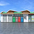 Sunroom With Colorful Trash Bins Brown Roof White Walls And Blue Sky