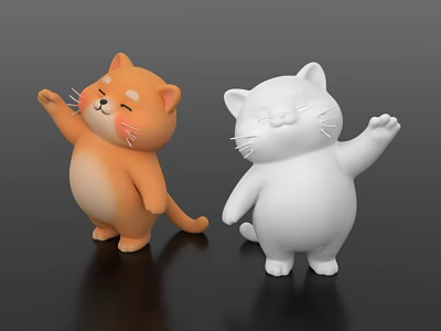 Decorative Ornament Set with Cute Standing Orange And White Cat Figurines 3d model