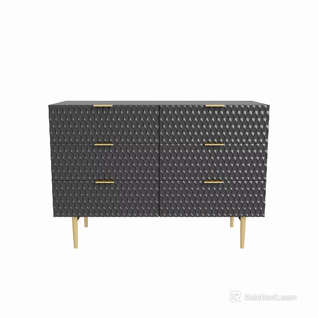 Elegant Black Entryway Side Cabinet With Diamond Pattern Surface Golden Handles And Gold Legs 3d model 