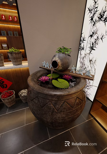 Indoor Traditional Pottery Aquarium With Water Lilies And Flowing Water 3d model 