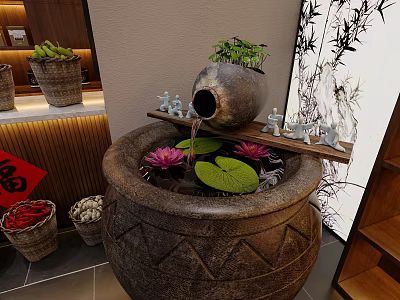 Indoor Traditional Pottery Aquarium With Water Lilies And Flowing Water 3d model