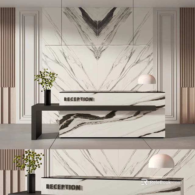 Modern Reception Desk With Black Frame Marble Countertop White Table Lamp And Green Plant 3d model 