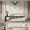 Modern Reception Desk With Black Frame Marble Countertop White Table Lamp And Green Plant