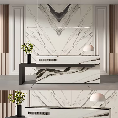 Modern Reception Desk With Black Frame Marble Countertop White Table Lamp And Green Plant 3d model