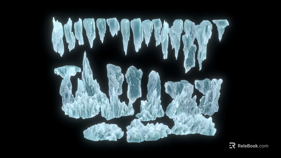 Crystal Clear Icicles And Ice Blocks Arranged On Black Background Scene 3d model 