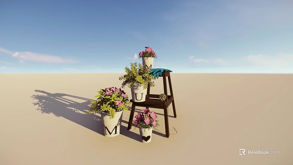 Potted Plants With Pink Flowers And U M Letters On Wooden Chairs Under Blue Sky 3d model 