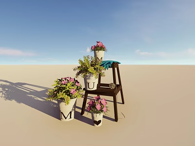 Potted Plants With Pink Flowers And U M Letters On Wooden Chairs Under Blue Sky 3d model