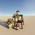Potted Plants With Pink Flowers And U M Letters On Wooden Chairs Under Blue Sky