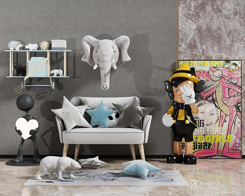 Single Sofa With Mixed Pillows Elephant Wall Decor Art Painting And Decorative Figurines 3d model 