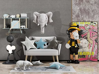 Single Sofa With Mixed Pillows Elephant Wall Decor Art Painting And Decorative Figurines 3d model