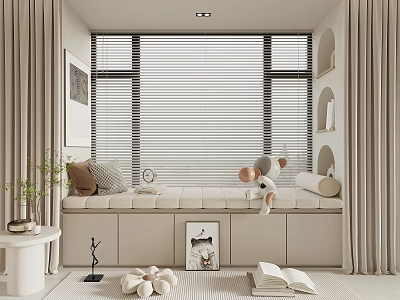 Cozy Window Seat Space With Beige Curtains Blinds Pillows Stuffed Toy Green Plant And Books 3d model