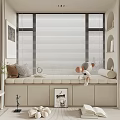 Cozy Window Seat Space With Beige Curtains Blinds Pillows Stuffed Toy Green Plant And Books