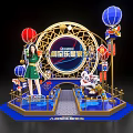 Decorative Bamin Life Carnival Art Installation with Red Blue Lanterns Rabbit Figure and Golden Frame