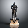 Game Movie Character Medieval Detailed Armored Knight Holding Sword on Stone Pedestal
