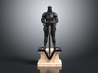Game Movie Character Medieval Detailed Armored Knight Holding Sword on Stone Pedestal 3d model