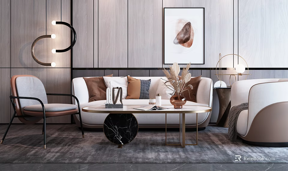 Elegant White Sofa And Coffee Table Set With Decorative Pillows Framed Art And Lighting 3d model 