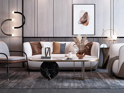 Elegant White Sofa And Coffee Table Set With Decorative Pillows Framed Art And Lighting 3d model
