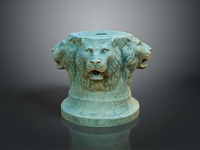 Detailed Decorative Bronze Sculpture With Three Lion Heads On Cylindrical Base 3d model