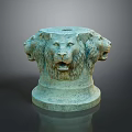 Detailed Decorative Bronze Sculpture With Three Lion Heads On Cylindrical Base