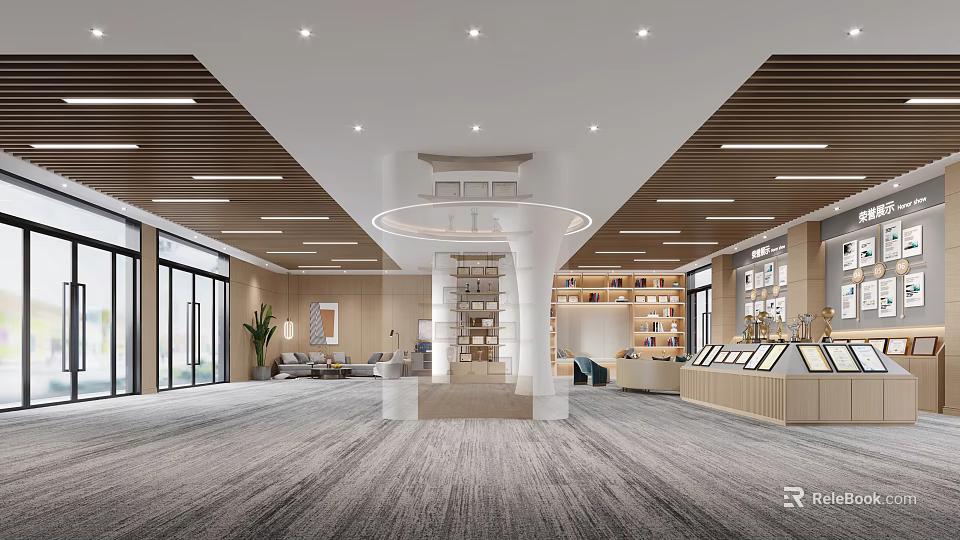 Modern Spacious Interior Design With Wooden Ceiling Round Pendant Light Bookshelves And Sofas 3d model 