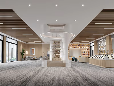 Modern Spacious Interior Design With Wooden Ceiling Round Pendant Light Bookshelves And Sofas 3d model